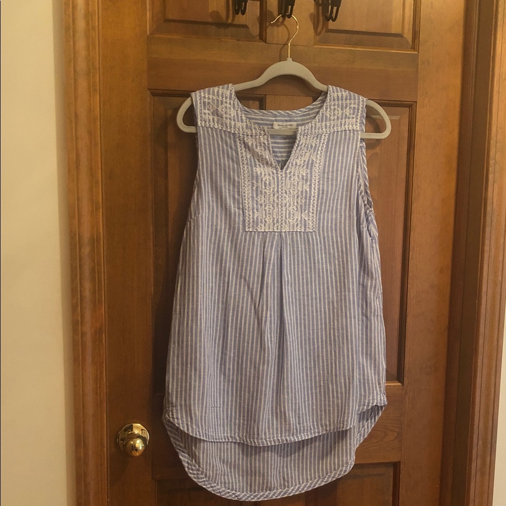 beachlunchlounge Blue and White Striped Lace Yoke Sleeveless Tunic